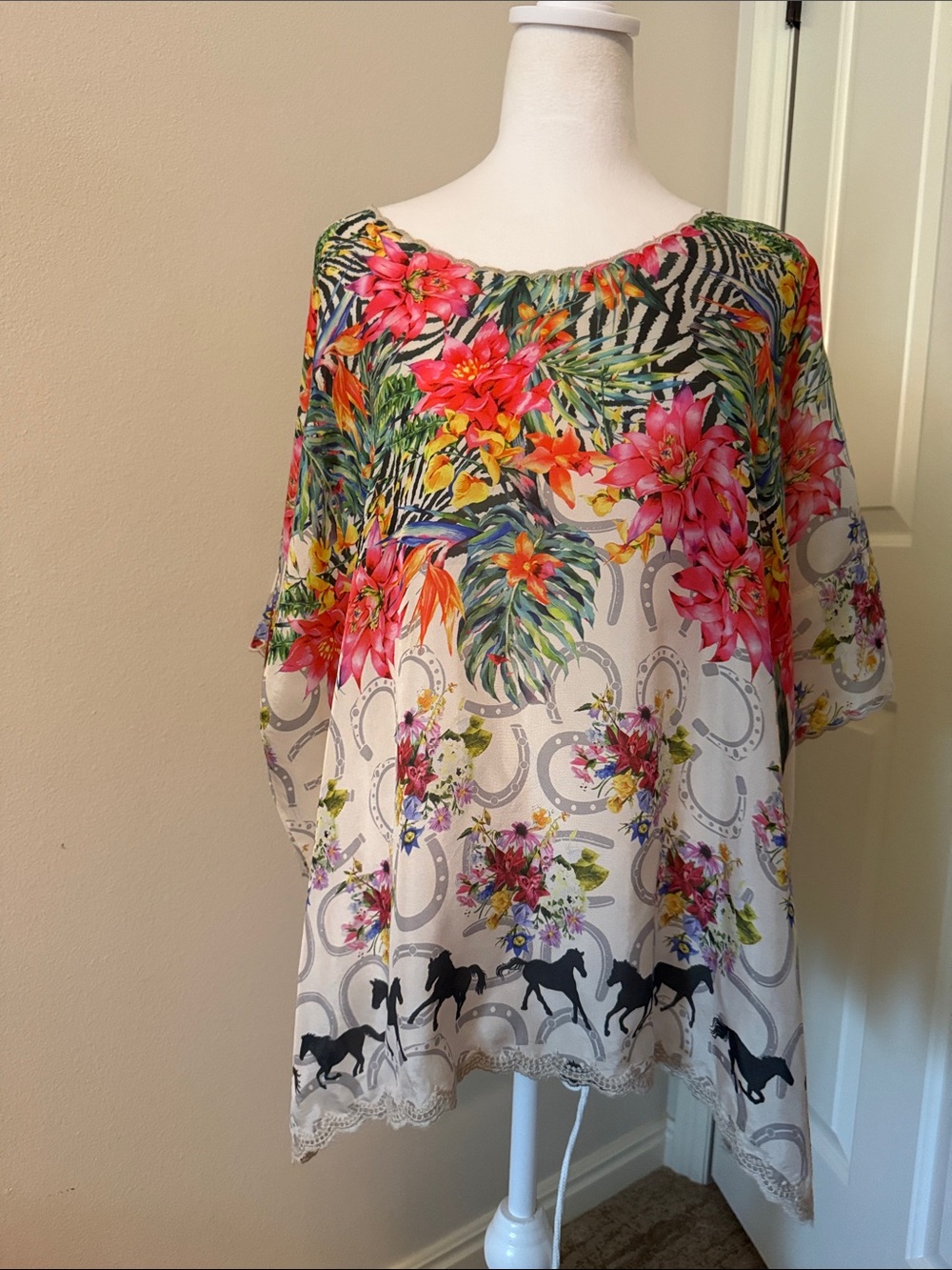 Johnny Was White Tunic with Pink Floral & Green Tropical Print medium